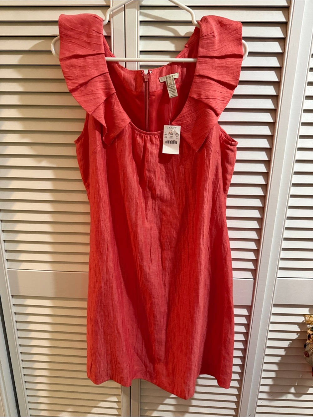 J. Crew Coral-Red Ruffle-Shoulder Shift Dress